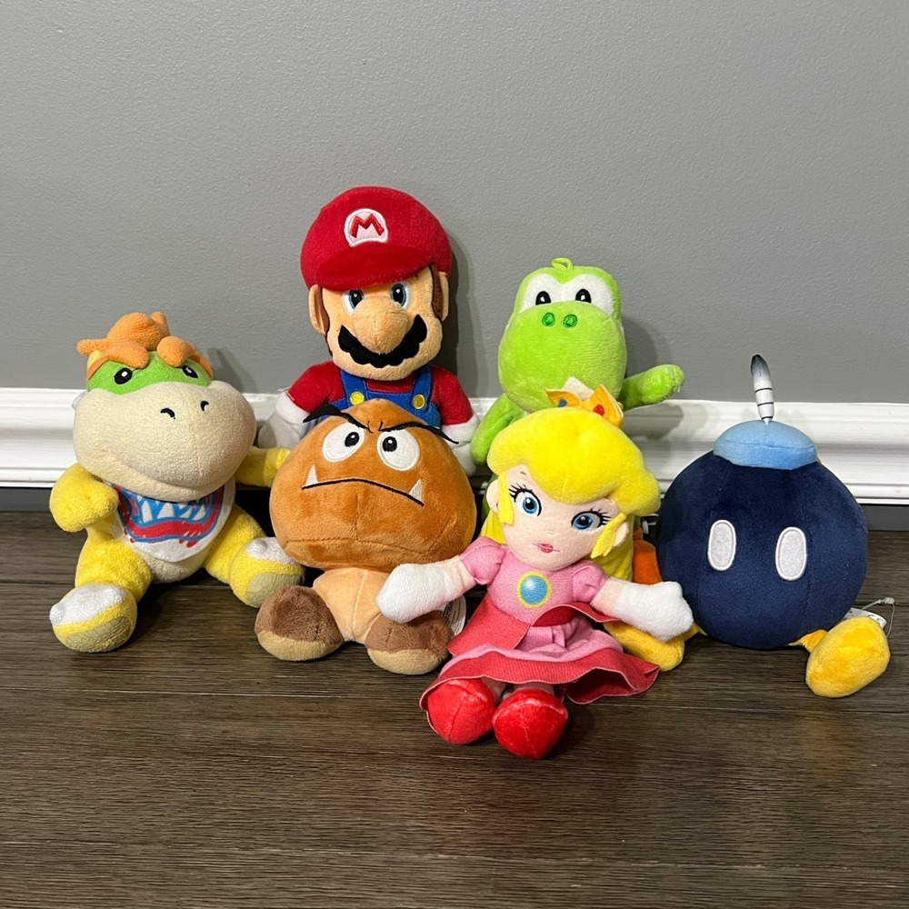 Nintendo Super Mario Plush Lot Bowser Jr Mario Yoshi Goomba Bob-omb Peach 6pc